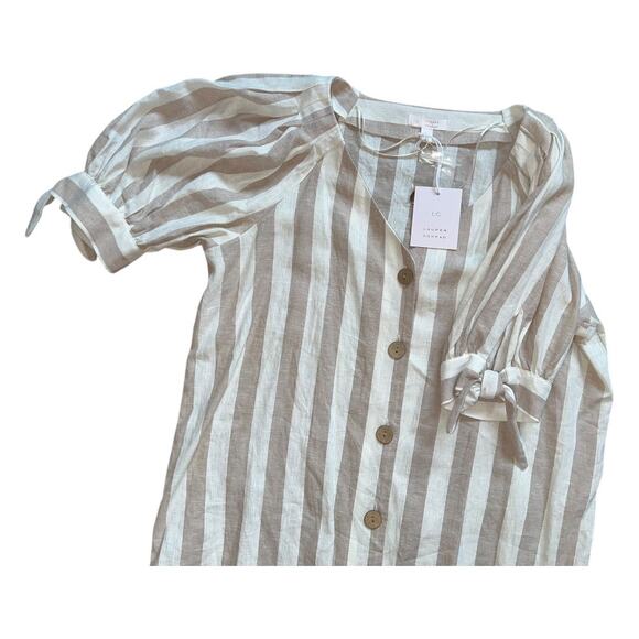 LC Lauren Conrad Knot-Sleeve Button-Front beige white striped Linen top NWT - Picture 8 of 9